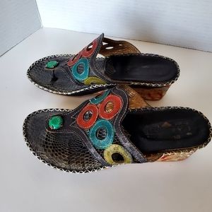 L'Artiste Red & Green Cork Wedge Sandals size 39EU or 8.5US